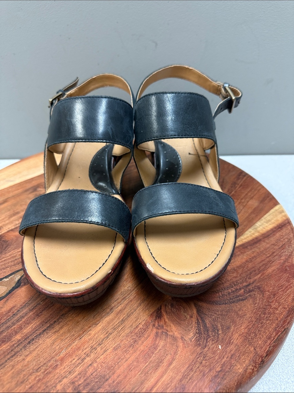 b.o.c. Born Concept Black Leather Platform Wedge Sandals – Size 10